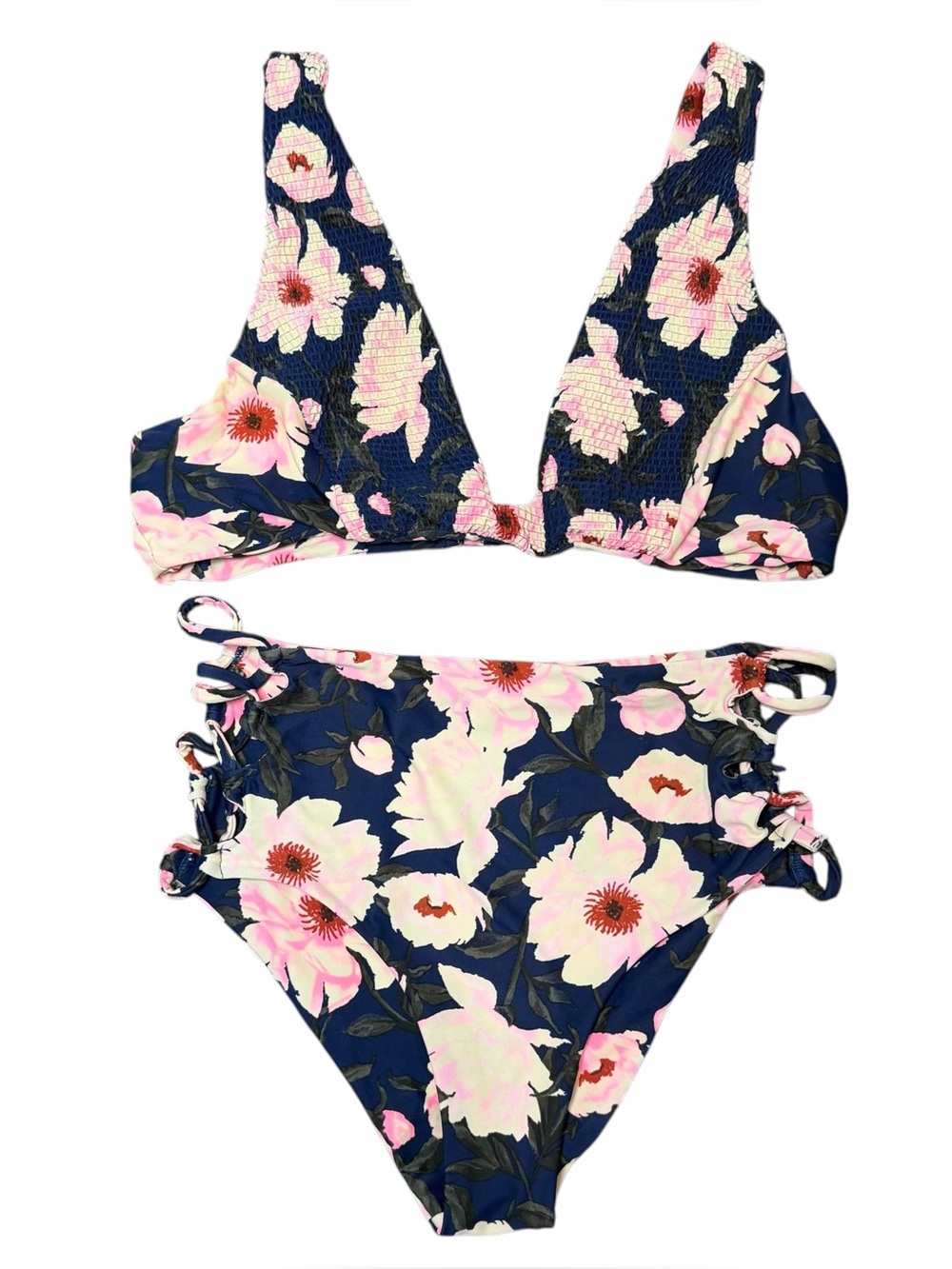 Tori Praver Seafoam Floral Bikini L Top / M Bottom Smocked High Waist Lace Up